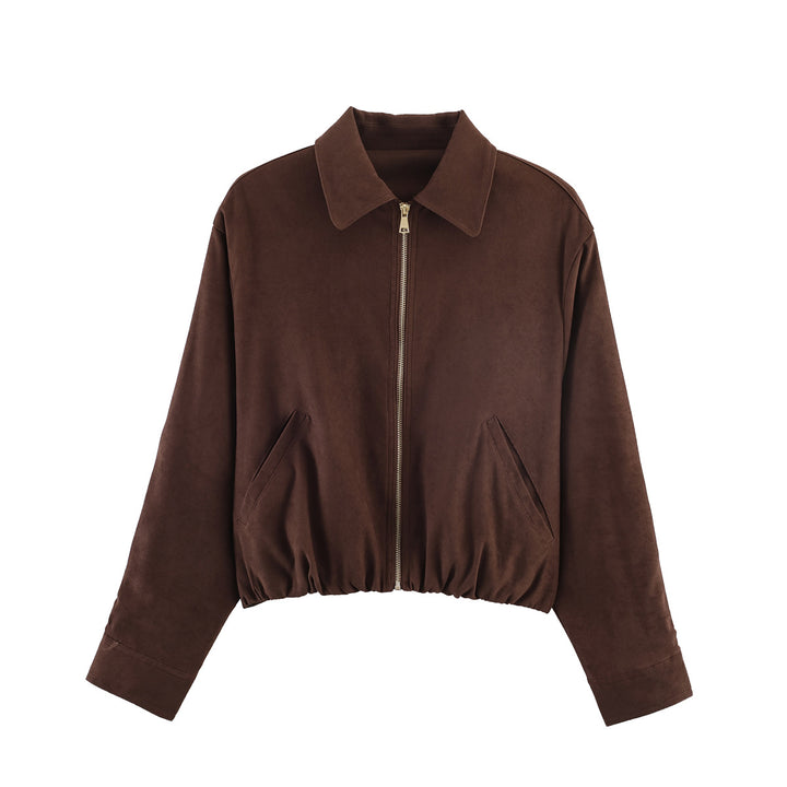 Damen Kurze Boxy‑Jacke aus Velourslederimitat mit Reißverschluss und Gummisaum Echoarchiv