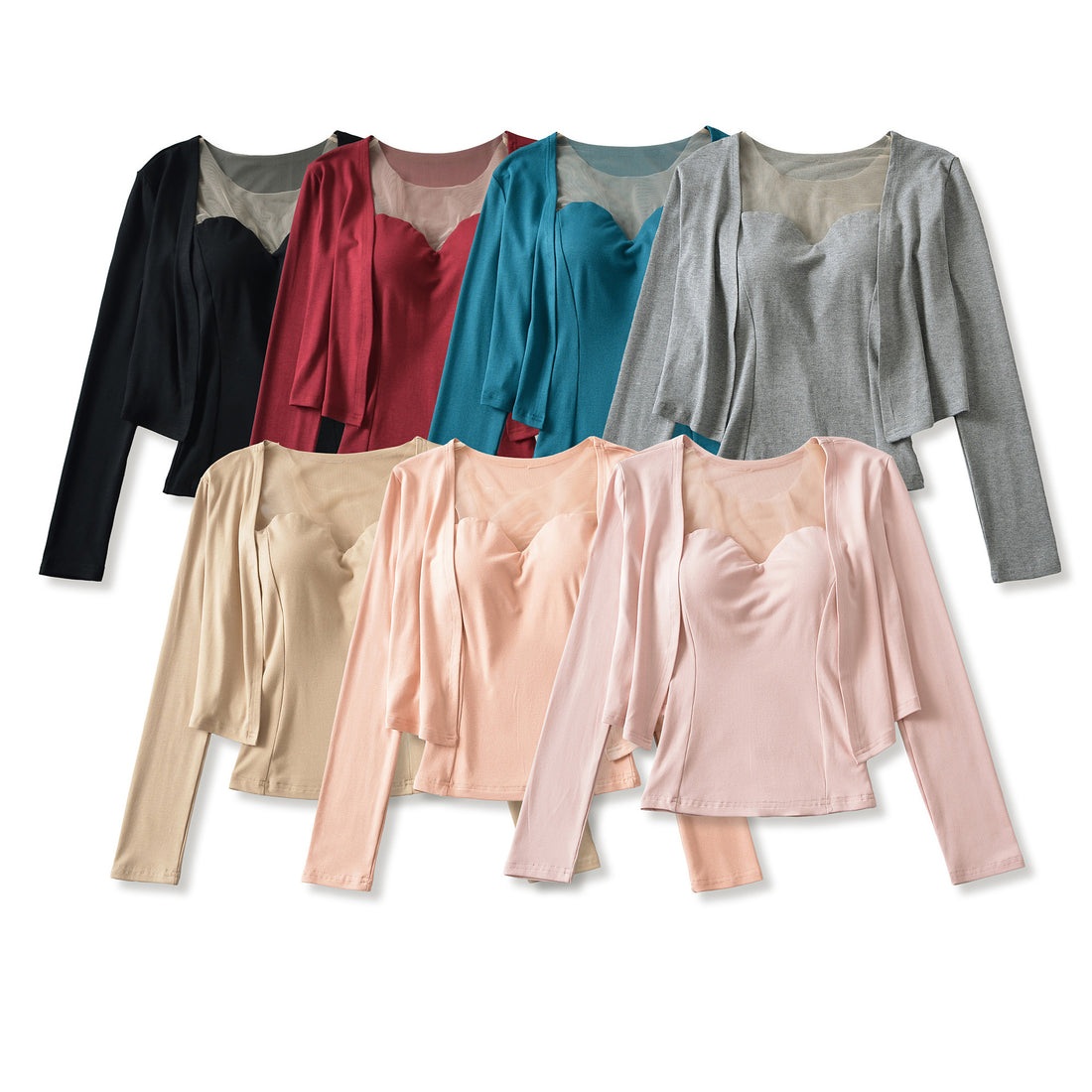 Damen Zweiteiliges Feinstrick-Top-Set mit Mesh-Einsatz und offenem Cardigan Echoarchiv