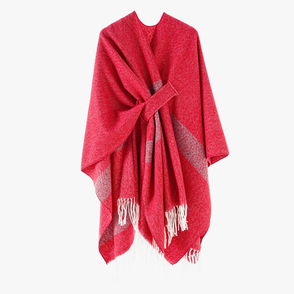 Damen Wollmix-Capeponcho mit Bindeschlaufen, weichgewebtem Oversize-Überwurf und Fransensaum – Avérine