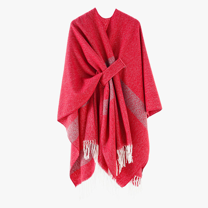 Damen Wollmix-Capeponcho mit Bindeschlaufen, weichgewebtem Oversize-Überwurf und Fransensaum – Avérine
