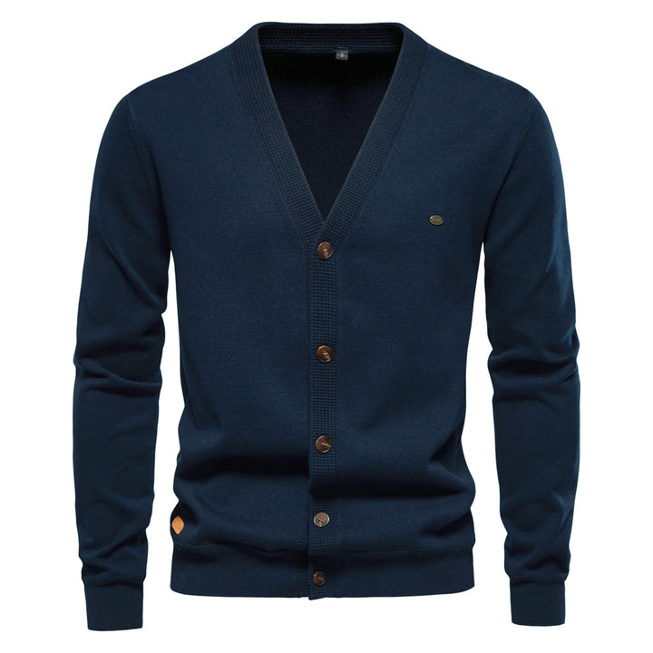 Herren Strickjacke mit V-Ausschnitt und modischen Holzknöpfen Echoarchiv