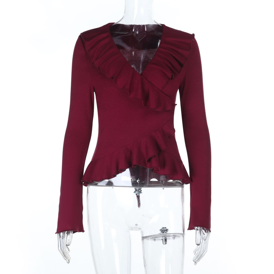 Damen Langarmshirt mit tiefem V-Ausschnitt, asymmetrischen Volants und tailliertem Peplum – Avérine