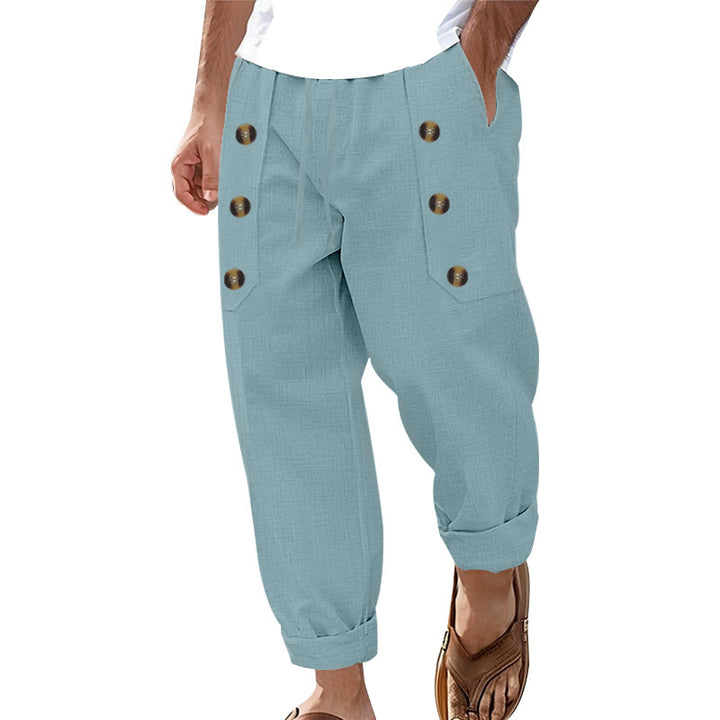 Herren Locker sitzende Leinenoptik-Haremshose mit Knopfdetail, Elastikbund & Umschlagbündchen – Sorevano