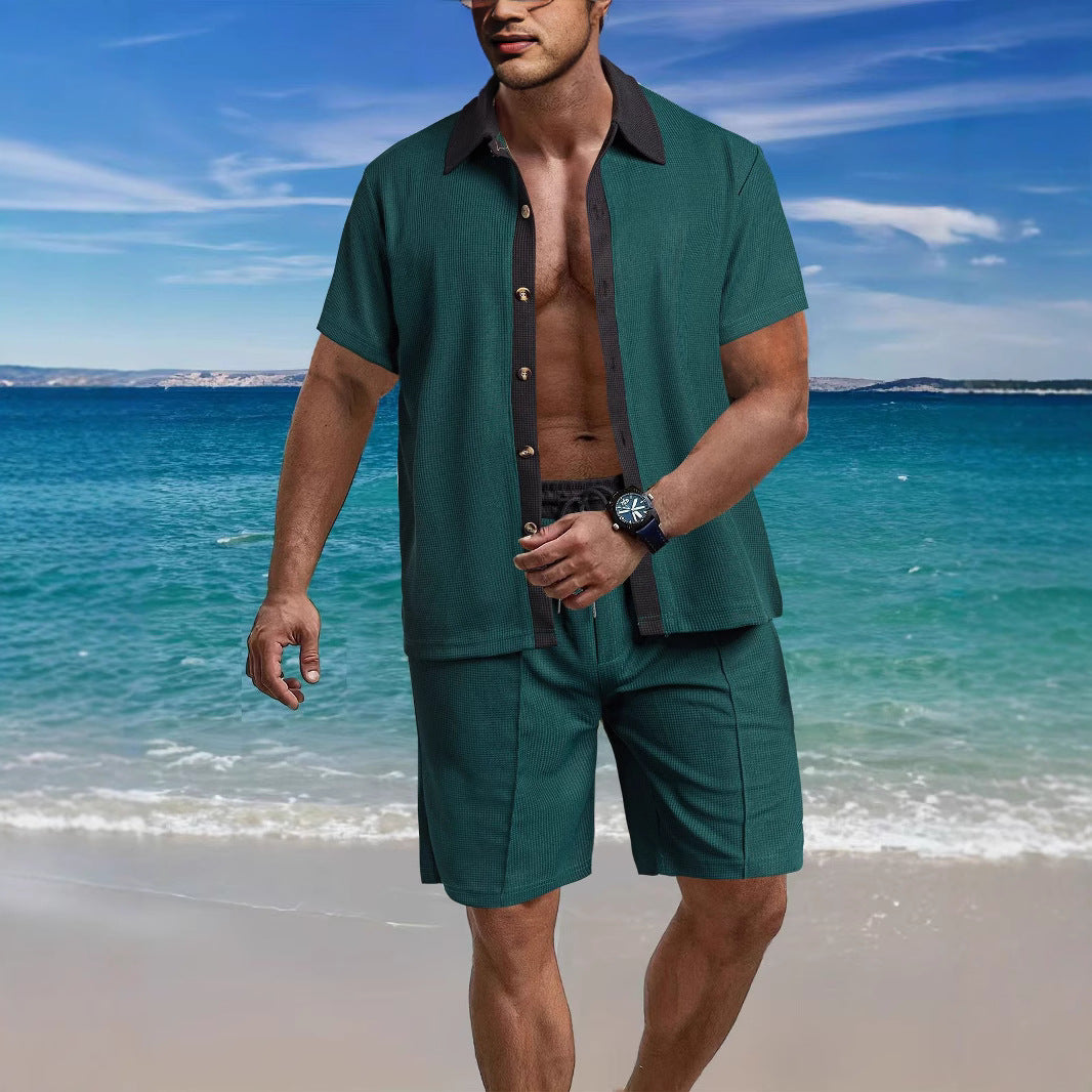 Herren nan modernes Freizeit-Set aus feinem Strukturjersey mit Hemdkragen-Knopfleiste und Kordel-Shorts Echo Archiv