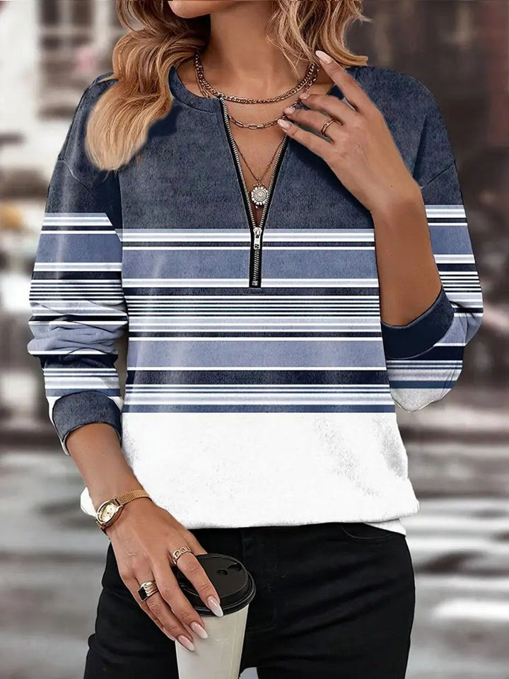 Damen nan Casual Sweatshirt mit kurzem V-Reißverschluss, grafischem Blockmuster und legerer Passform Echo Archiv