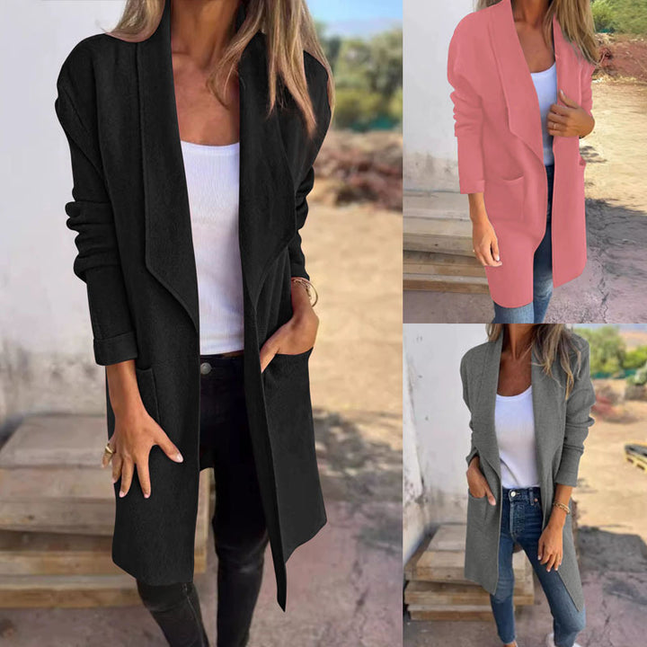 Damen Longline Blazer mit Schalkragen, offenem Schnitt und aufgesetzten Taschen – Valéne