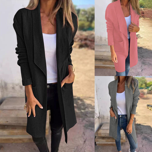 Damen Longline Blazer mit Schalkragen, offenem Schnitt und aufgesetzten Taschen – Valéne