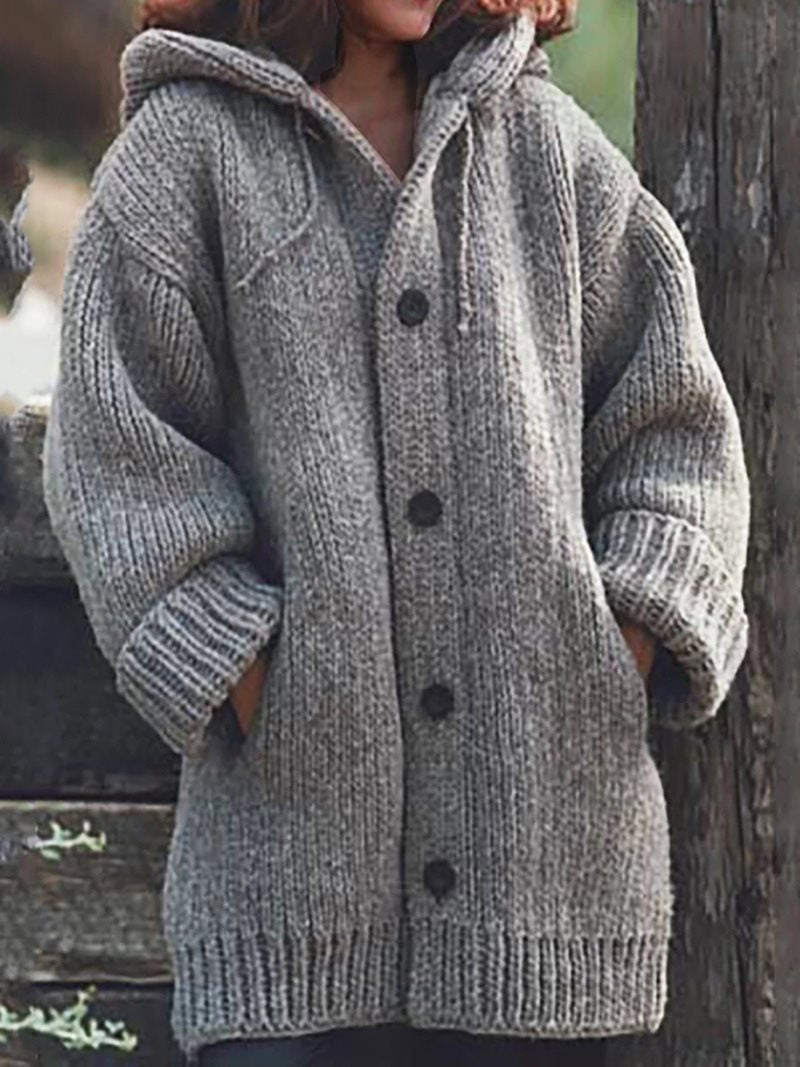 Damen weit geschnittener Kapuzen-Strickmantel mit Knopfleiste und Eingrifftaschen Echo Archiv