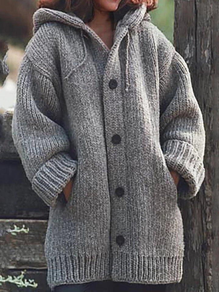 Damen weit geschnittener Kapuzen-Strickmantel mit Knopfleiste und Eingrifftaschen Echo Archiv