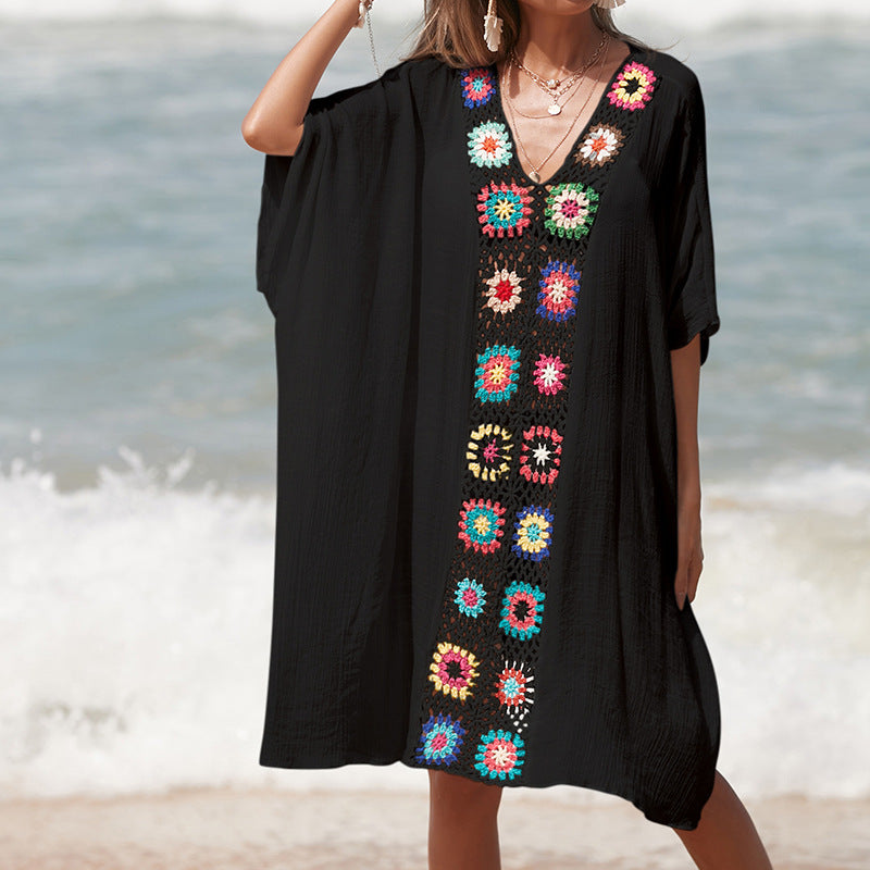 Damen Häkel-Strandtunika im lässigen Oversize-Stil mit bunten Applikationen Echo Archiv