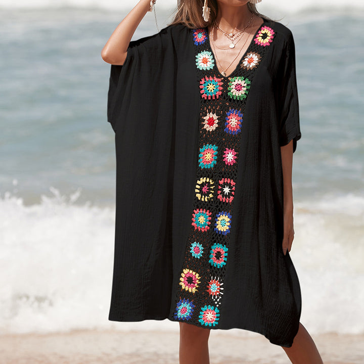 Damen Häkel-Strandtunika im lässigen Oversize-Stil mit bunten Applikationen Echo Archiv