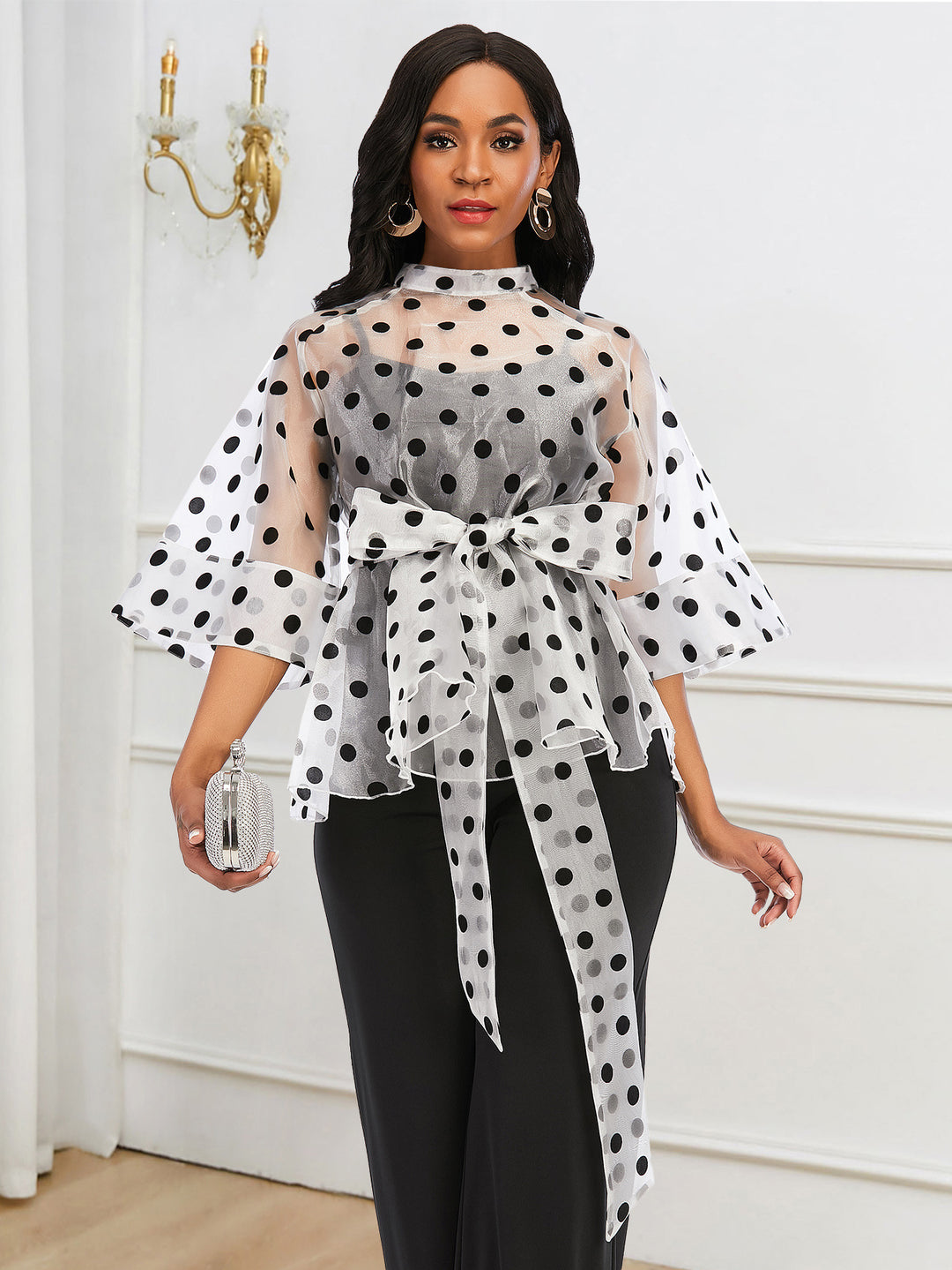 Damen Chiffonbluse mit transparentem Polka-Dots-Design und tailliertem Bindegürtel Echo Archiv