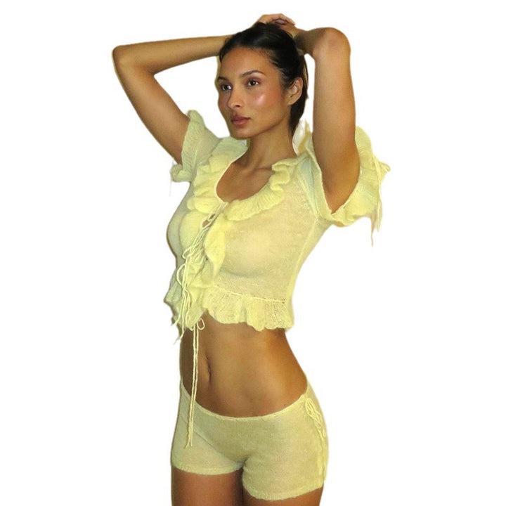 Damen Kurzarm Spitze Top mit Rüschen Echo Archiv