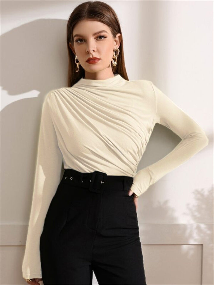 Damen Figurbetontes Langarmshirt mit seitlichem Drapieren und Stehkragen – Avérine