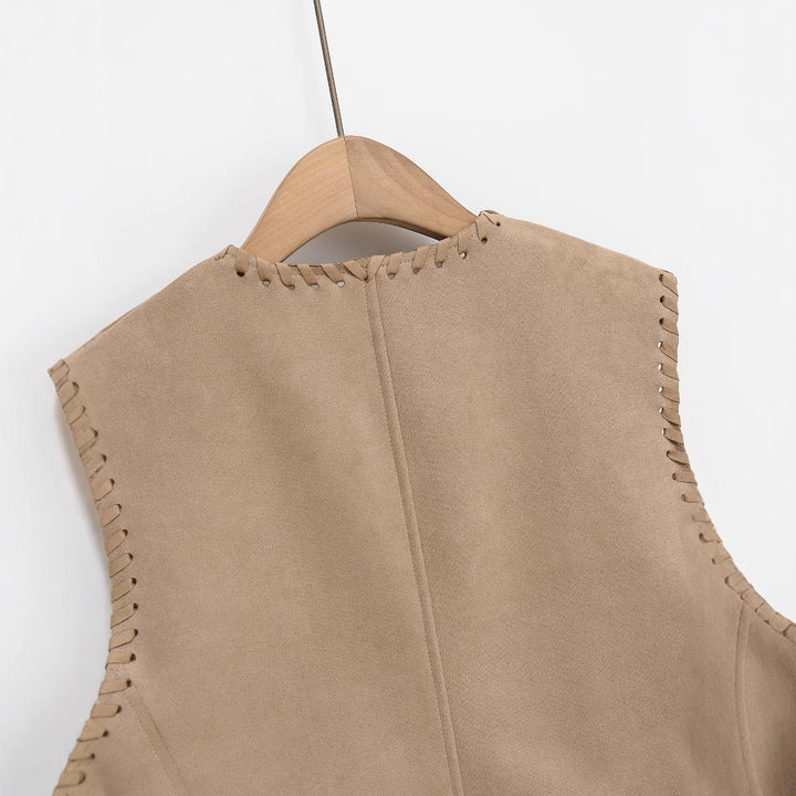 Damen Kurze Wildlederoptik‑Weste mit Ziernaht‑Whipstitch und taillierten Abnähern Echoarchiv