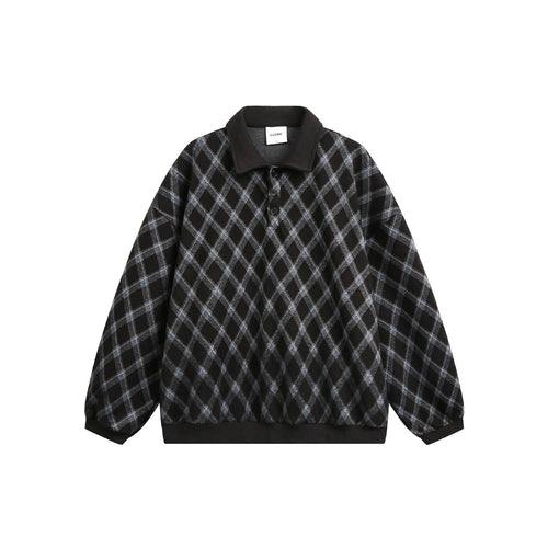 Damen Karierter Oversize‑Polo‑Pullover mit Halbknopfleiste und Rippbündchen Echoarchiv
