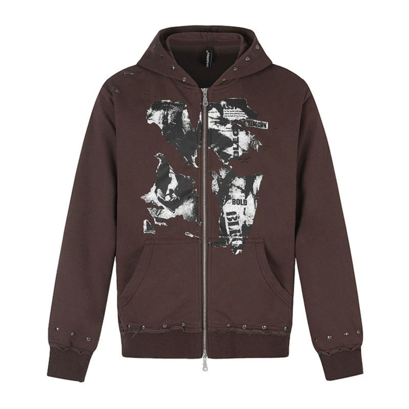 Damen Kapuzen-Sweatjacke mit zweiseitigem Reißverschluss, ausgefranstem Saum, Nietenbesatz und Collage-Print Echoarchiv