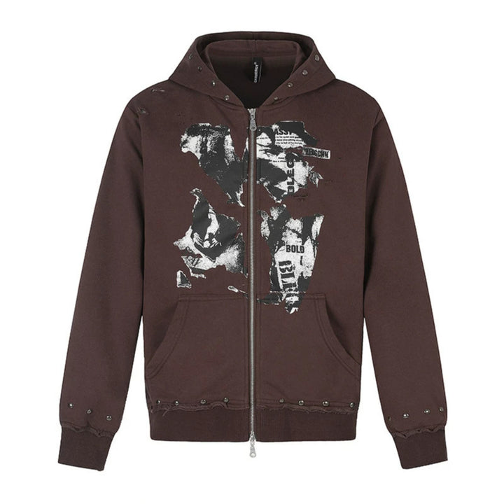 Damen Kapuzen-Sweatjacke mit zweiseitigem Reißverschluss, ausgefranstem Saum, Nietenbesatz und Collage-Print Echoarchiv