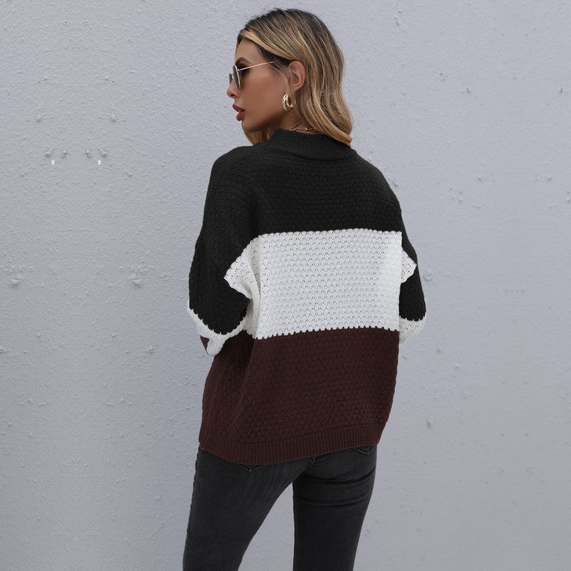 Damen Strukturstrick-Blockpullover mit überschnittener Schulter und Rundhalsausschnitt Echoarchiv