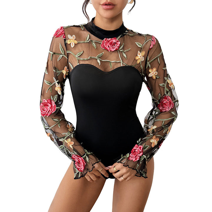 Damen Transparenter Mesh-Body mit floraler Stickerei, Herz-Bustier-Einsatz und Stehkragen – Bodéline