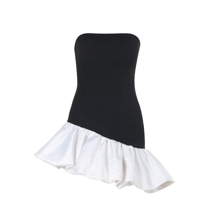 Damen schulterfreies Wickelkleid mit asymmetrischem Saum und farblich kontrastierender Rüsche Echo Archiv