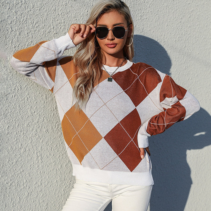 Damen Leichter Argyle-Feinstrickpullover mit Rundhalsausschnitt und lockerer Passform Echoarchiv