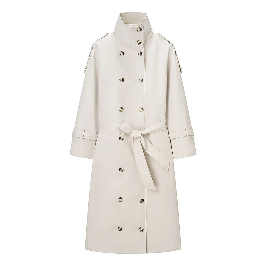 Damen längerer zweireihiger Trenchcoat mit hohem Stehkragen und Bindegürtel – Montévia