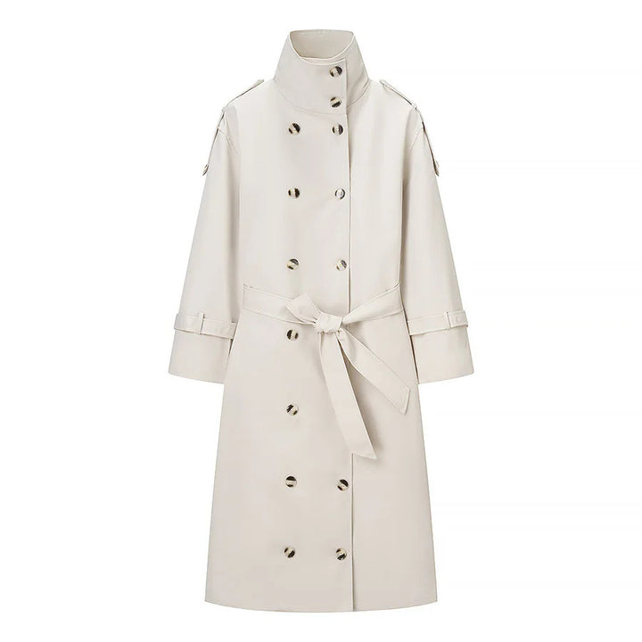 Damen längerer zweireihiger Trenchcoat mit hohem Stehkragen und Bindegürtel – Montévia