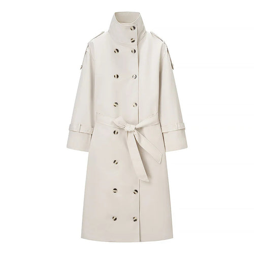 Damen längerer zweireihiger Trenchcoat mit hohem Stehkragen und Bindegürtel – Montévia