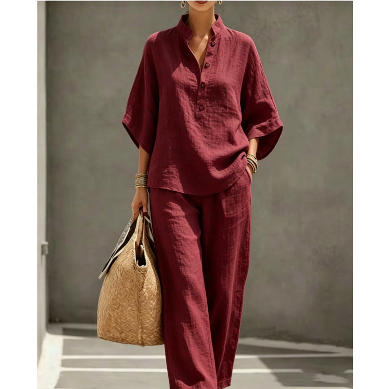 Damen lockeres Leinen-Zweiteiler mit Stehkragen und weitem Bein Echoarchiv