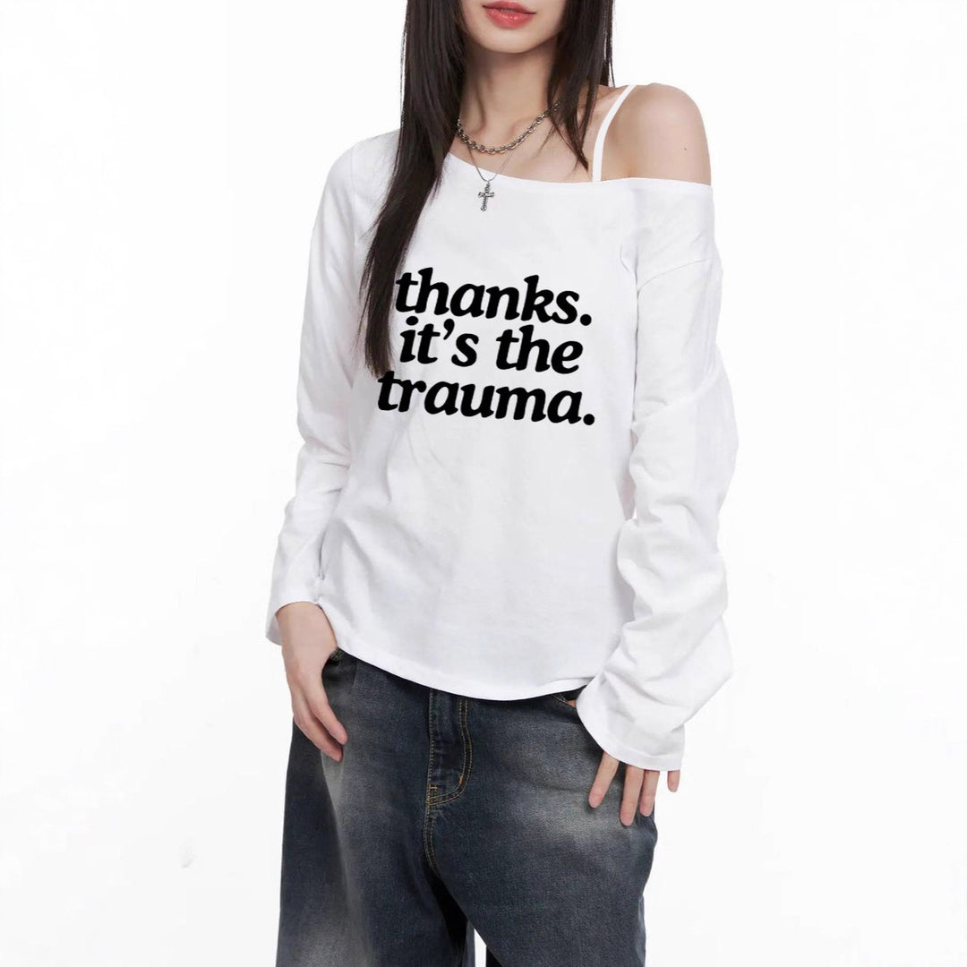 Damen Off-Shoulder Langarm-Cropshirt mit Statement-Print, asymmetrischem Ausschnitt und lockerem Oversize-Schnitt – Avérine