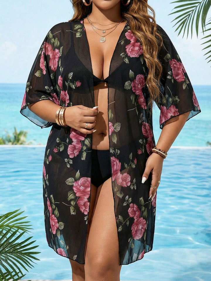 Damen transparenter Strandüberwurf mit floralen Mustern Echo Archiv