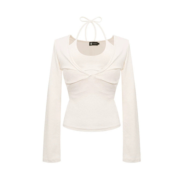 Damen Langarm-Top mit Neckholder, Wickeloptik und figurbetontem Schnitt Echoarchiv