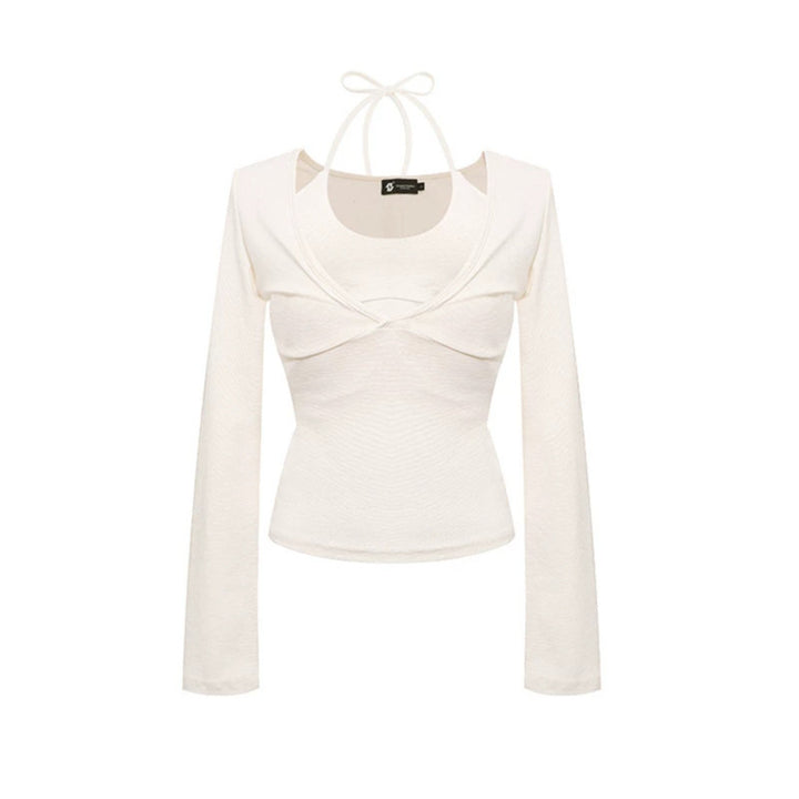Damen Langarm-Top mit Neckholder, Wickeloptik und figurbetontem Schnitt Echoarchiv