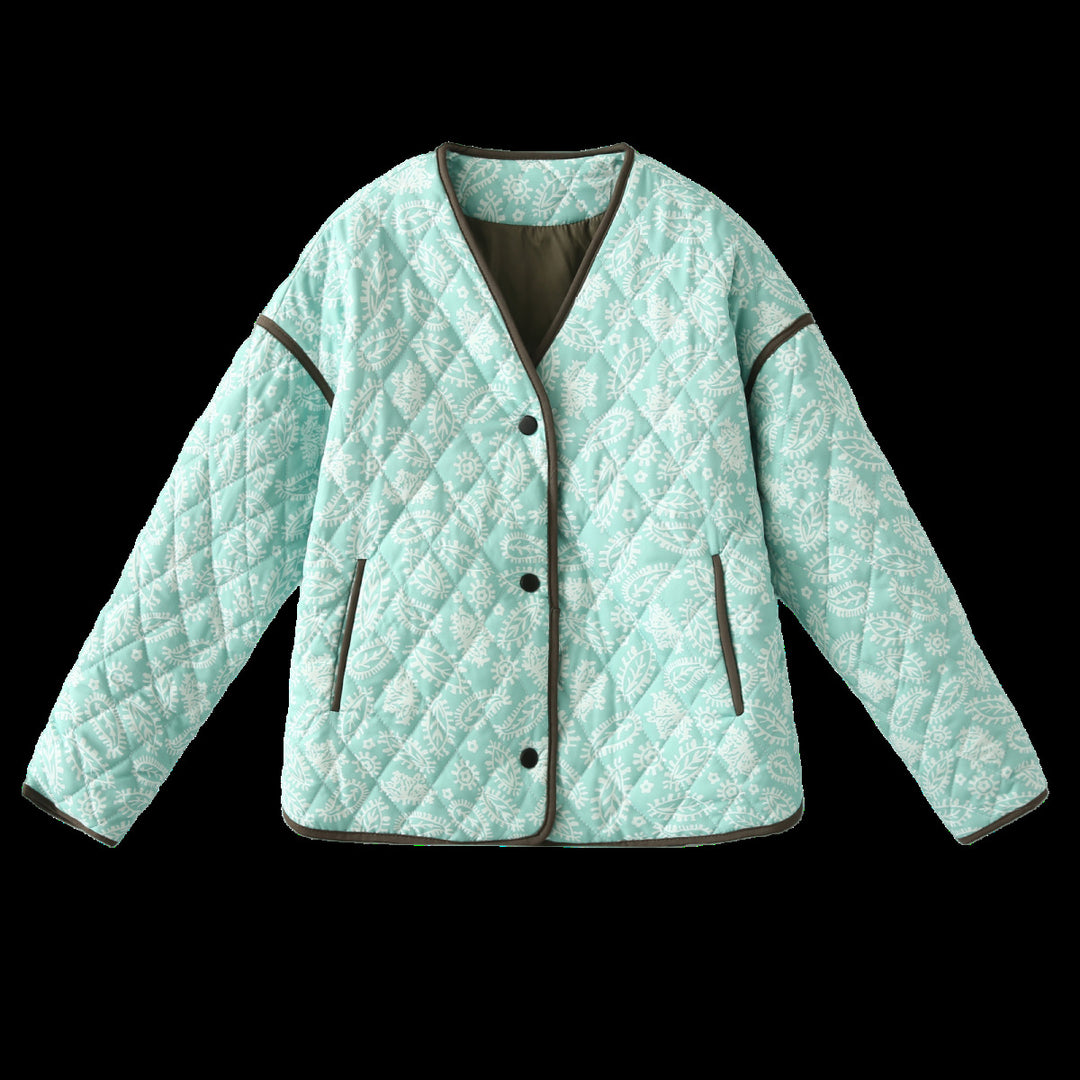 Damen Steppjacke mit Paisley‑Muster, V‑Ausschnitt und kontrastierender Paspelierung Echo Archiv