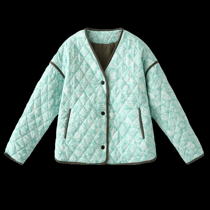 Damen Steppjacke mit Paisley‑Muster, V‑Ausschnitt und kontrastierender Paspelierung Echo Archiv