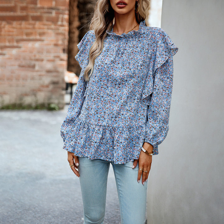Damen geblümte Chiffon-Bluse mit gerafftem Stehkragen, Volant-Schultern und tailliertem Stufen-Saum – Élovi