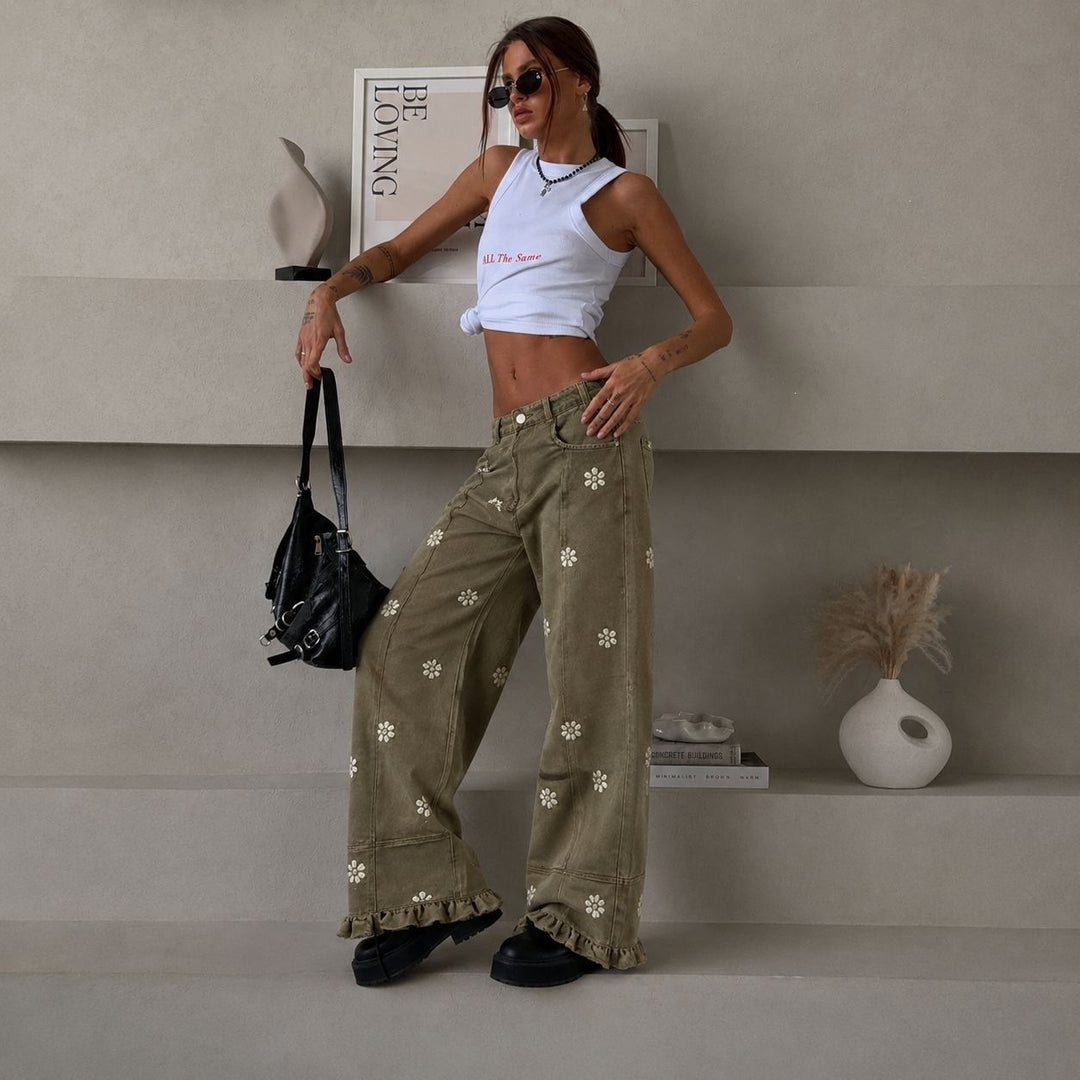Damen weite Denimhose mit Gänseblümchen-Print, hohem Bund und Rüschenabschluss – Avélisse