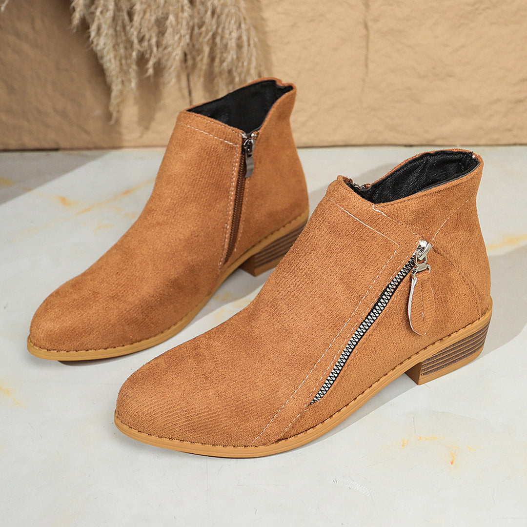 Damen Moderne Kurzschaft-Stiefelette mit sichtbarem Metallreißverschluss und niedriger Holzoptik-Blocksohle – Varelle