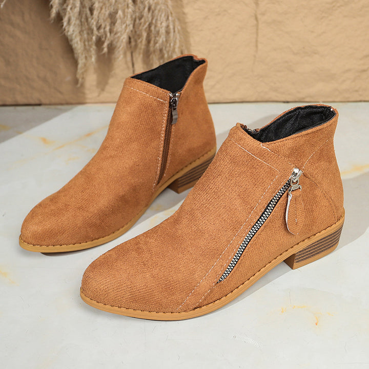 Damen Moderne Kurzschaft-Stiefelette mit sichtbarem Metallreißverschluss und niedriger Holzoptik-Blocksohle – Varelle