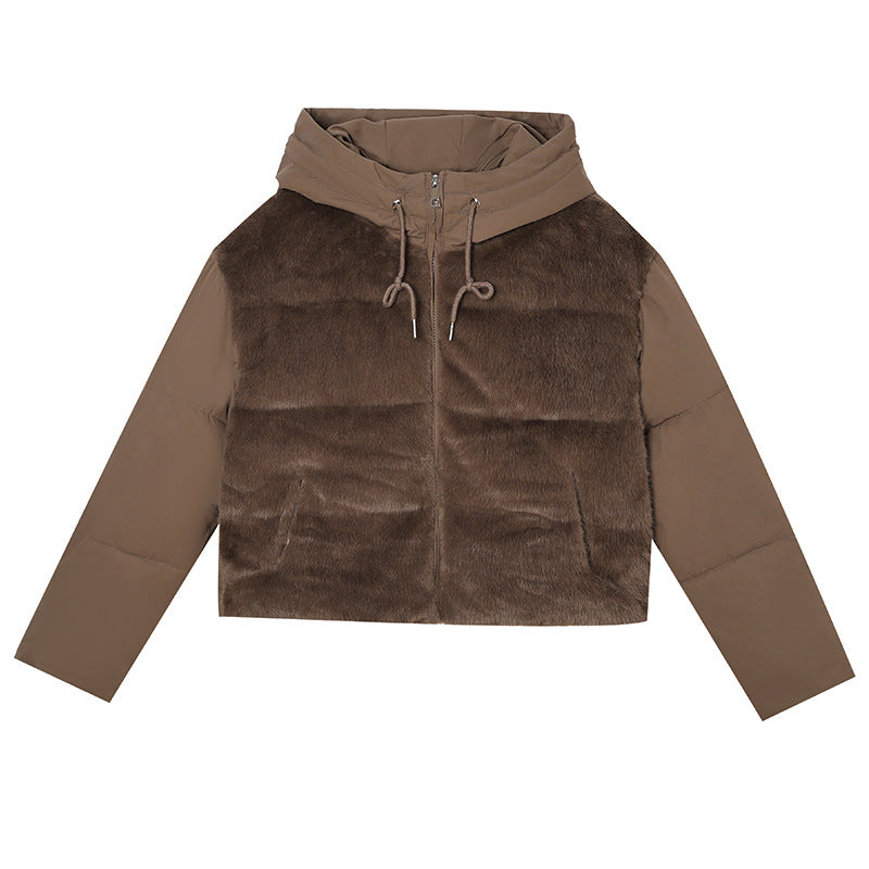 Damen Kurze Hybrid-Winterjacke mit samtiger Kunstfellfront und Kapuzenkragen Echo Archiv