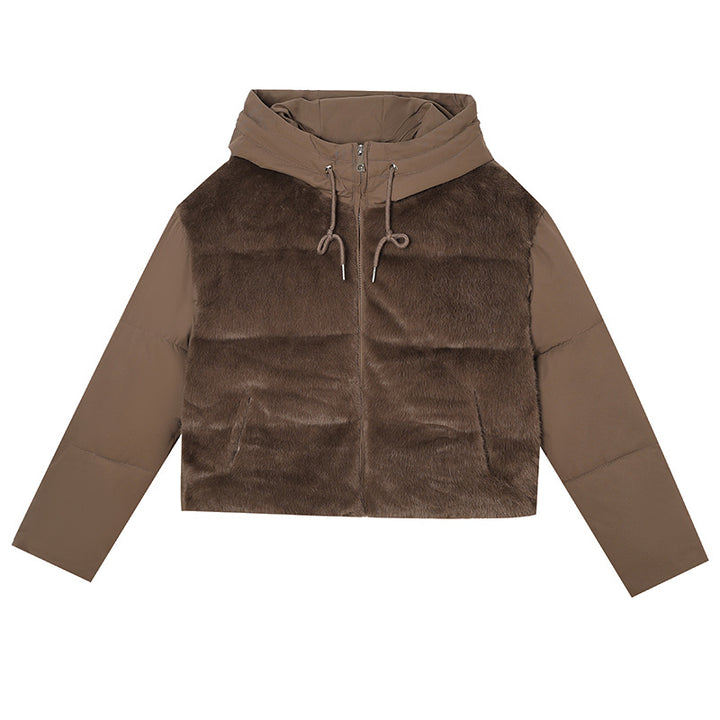 Damen Kurze Hybrid-Winterjacke mit samtiger Kunstfellfront und Kapuzenkragen Echo Archiv
