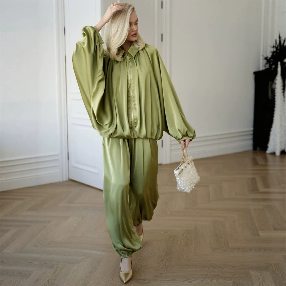 Damen Elegantes Satin-Zweiteiler-Set mit Oversize-Blouson und weiter Palazzo-Hose Echoarchiv
