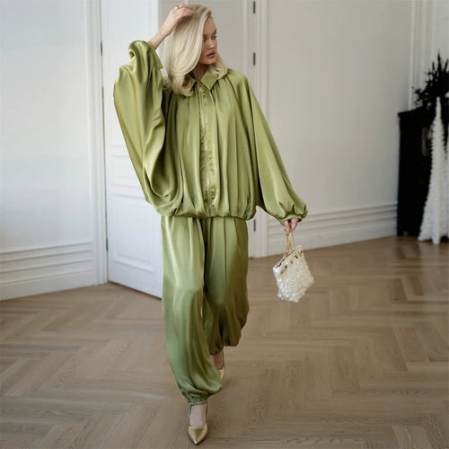 Damen Elegantes Satin-Zweiteiler-Set mit Oversize-Blouson und weiter Palazzo-Hose Echoarchiv