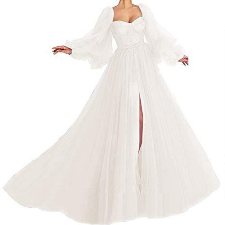 Damen Tüll Abendkleid mit voluminösen Ärmeln und seitlichem Schlitz Echoarchiv