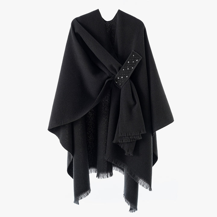 Damen Eleganter Wickel-Umhang aus Wollmischung mit Taillenschärpe und Fransensaum – Avérine