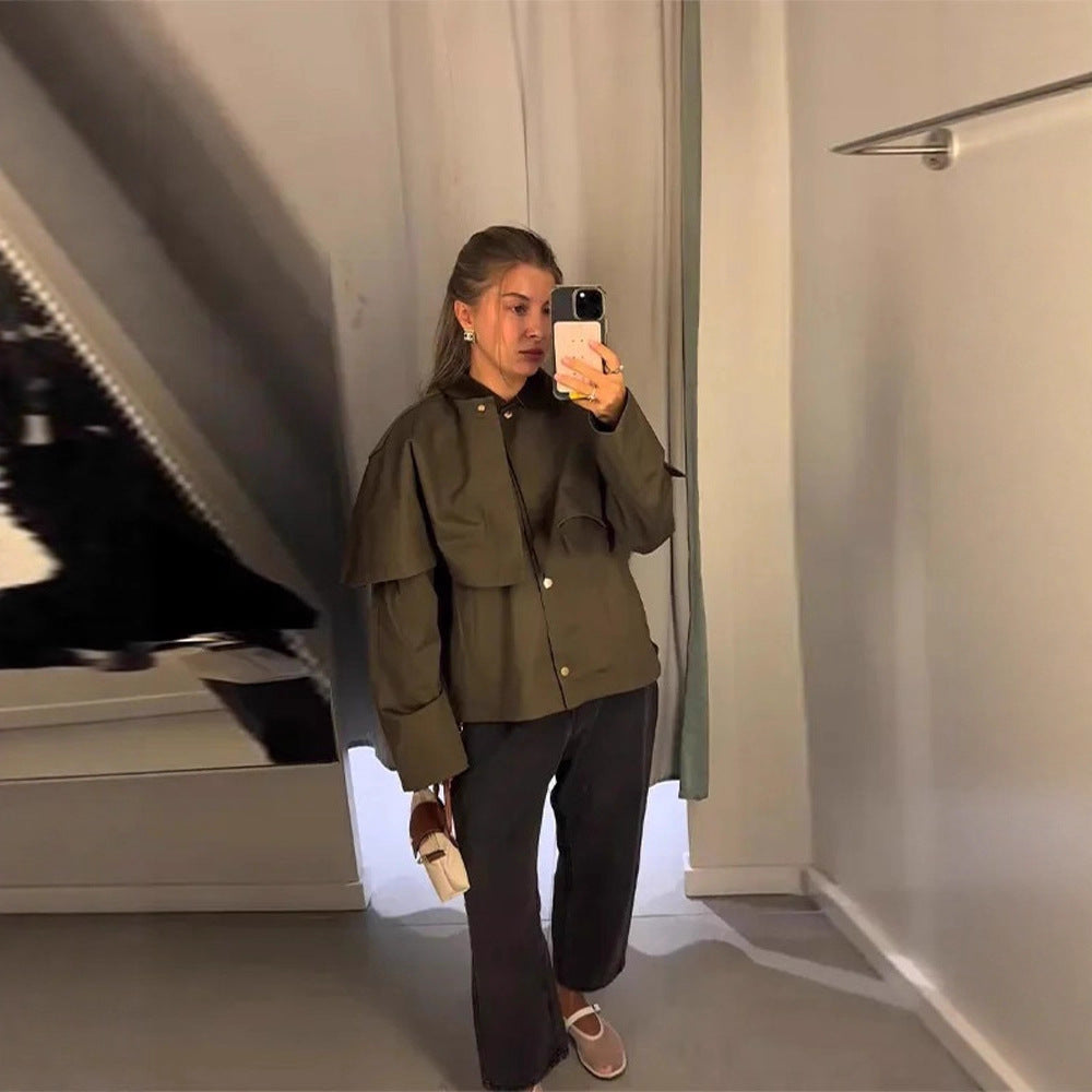 Damen Kurztrenchjacke mit Cape-Overlay und Oversize-Ärmeln Echoarchiv