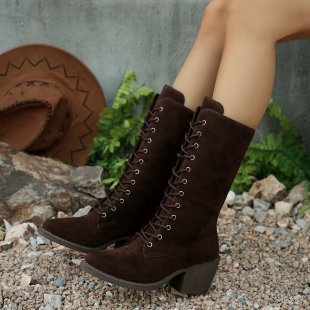 Damen Elegante Schnürstiefel aus Veloursoptik mit mittelhohem Schaft und komfortablem Blockabsatz Echoarchiv