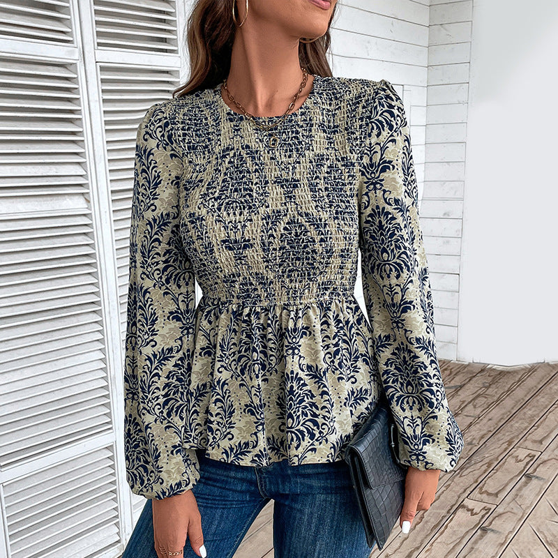 Damen Gerafftes Smock-Blusenshirt mit Peplum und voluminösen Puffärmeln Echoarchiv