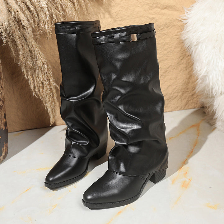 Damen Schaftstiefel aus softem Kunstleder mit lässigem Slouch‑Schaft und niedrigem Blockabsatz Echo Archiv